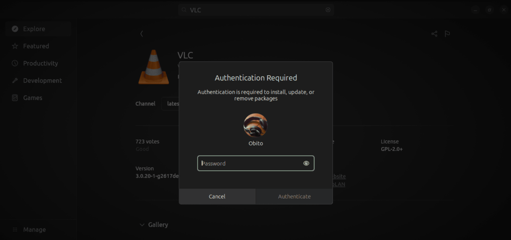 Enter the admin password to proceed with VLC installation