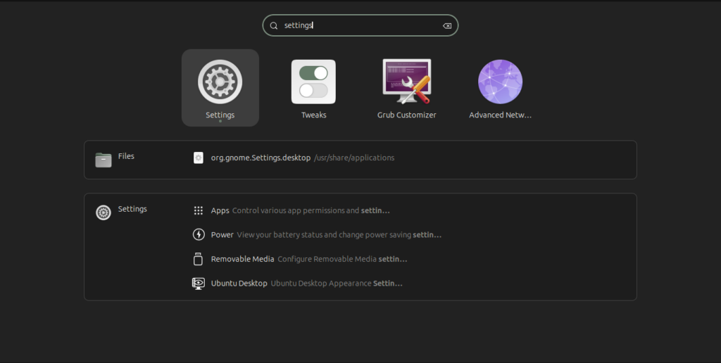 Search for Settings by hitting Windows / Command key in Ubuntu